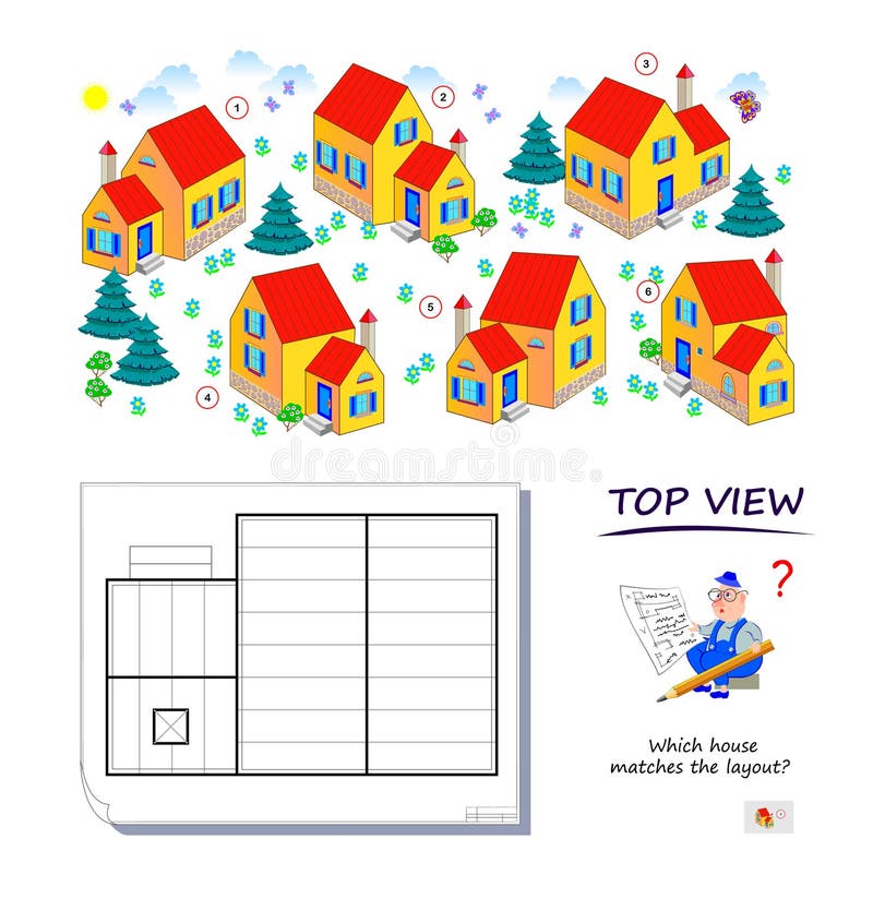 Logic game for children and adults. Which house matches the layout Top view puzzle. 3D maze. Printable page for brain teaser book