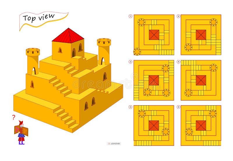 Logic puzzle game for children and adults. 3D maze. Need to find correct top view of tower. Printable page for brain teaser book.