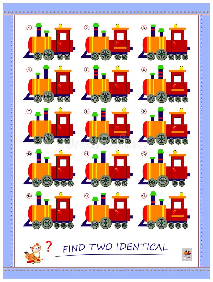 Logic puzzle game for children and adults. Find two identical trains. Printable page for kids brain teaser book.