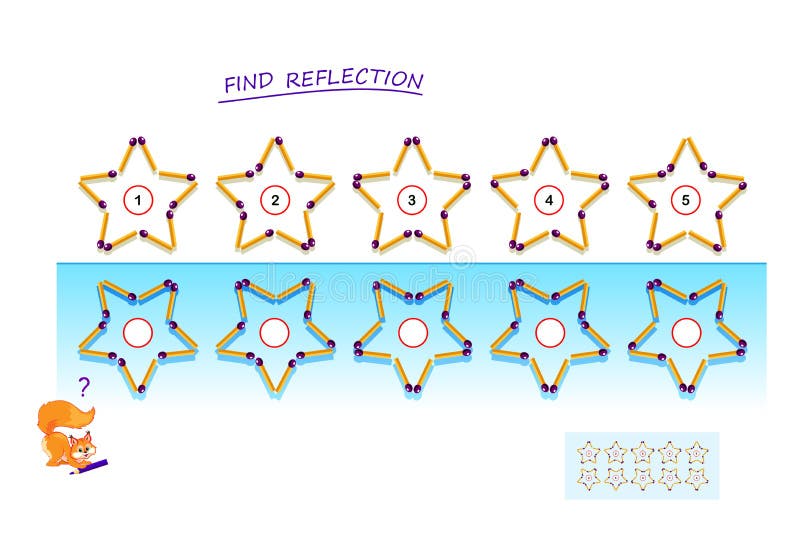 Logic puzzle game for children and adults. Need to find correct reflection for each matchstick star. Printable page for brain