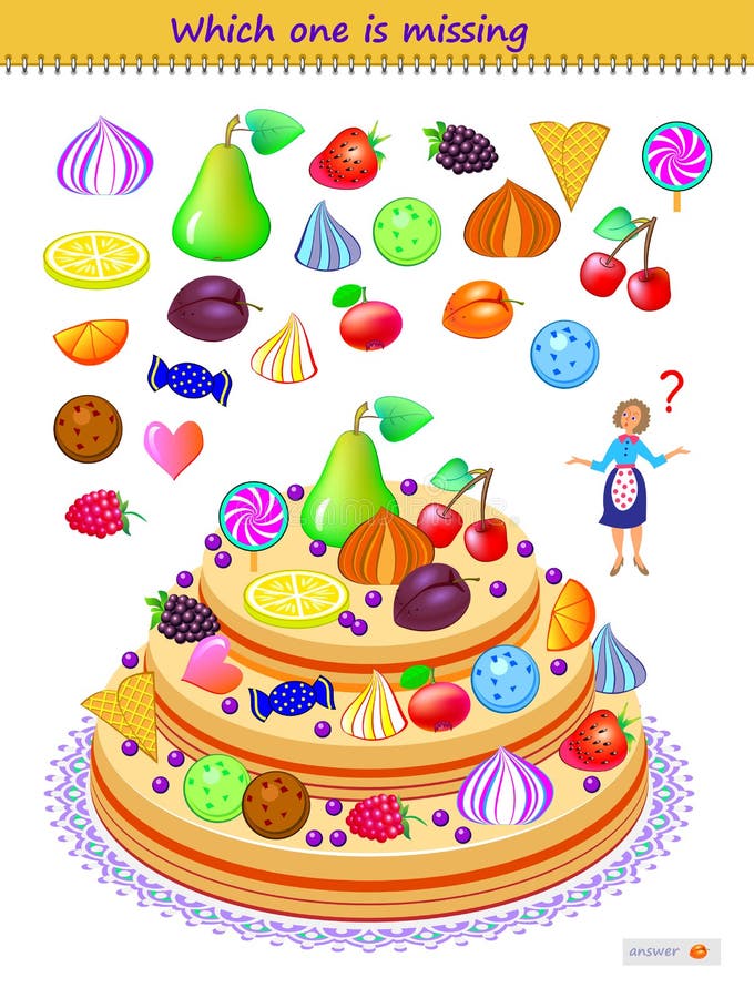 Logic puzzle game for children and adults. Which one of the sweets is missing in the cake? Printable page for kids brain teaser book. Developing spatial thinking skills. IQ test. Play online