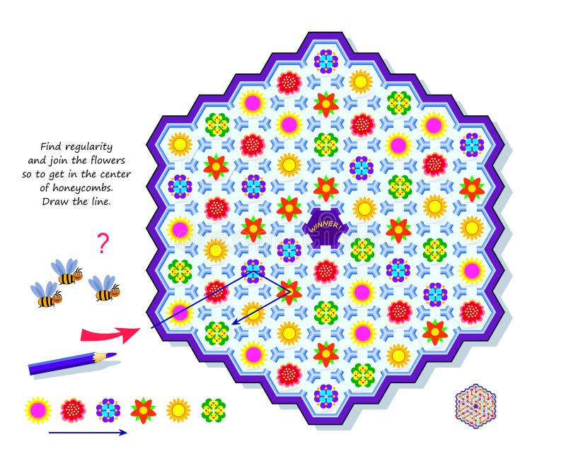 Logic Puzzle Game with Labyrinth for Kids. Find Regularity and Join Flowers so To Get in the Center of Honeycombs. Draw the Line Stock Vector - Illustration of answer, cartoon: 232513524 Logic Puzzle Game with Labyrinth for Kids. Find Regularity and Join Flowers so To Get in the Center of Honeycombs. Draw the Line Stock Vector - Illustration of answer, cartoon: 232513524