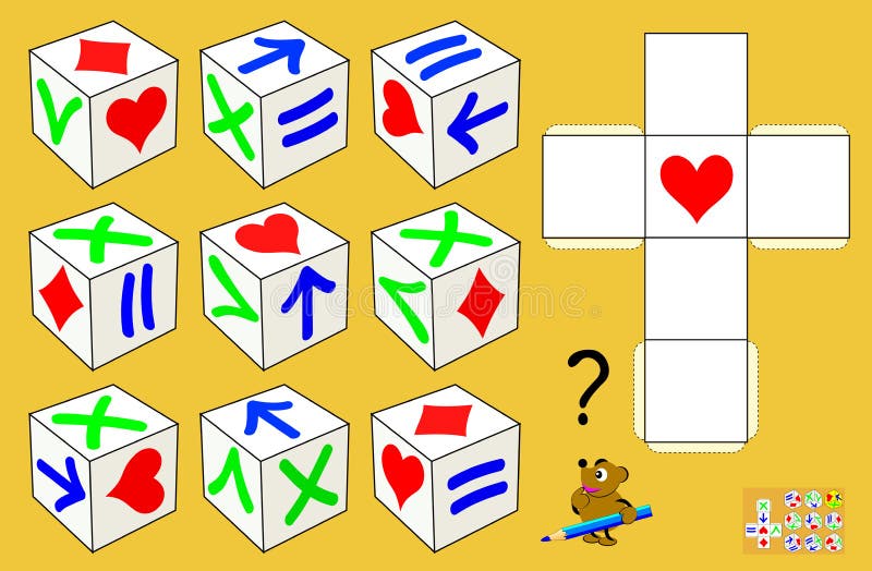 Logic puzzle game. Need to find 8 identical cubes and draw their pattern. Which of cubes differs from others