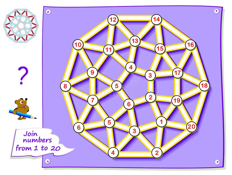 Logic puzzle game for young children with labyrinth. Trace the line and draw the magic star connecting numbers from 1 to 20.