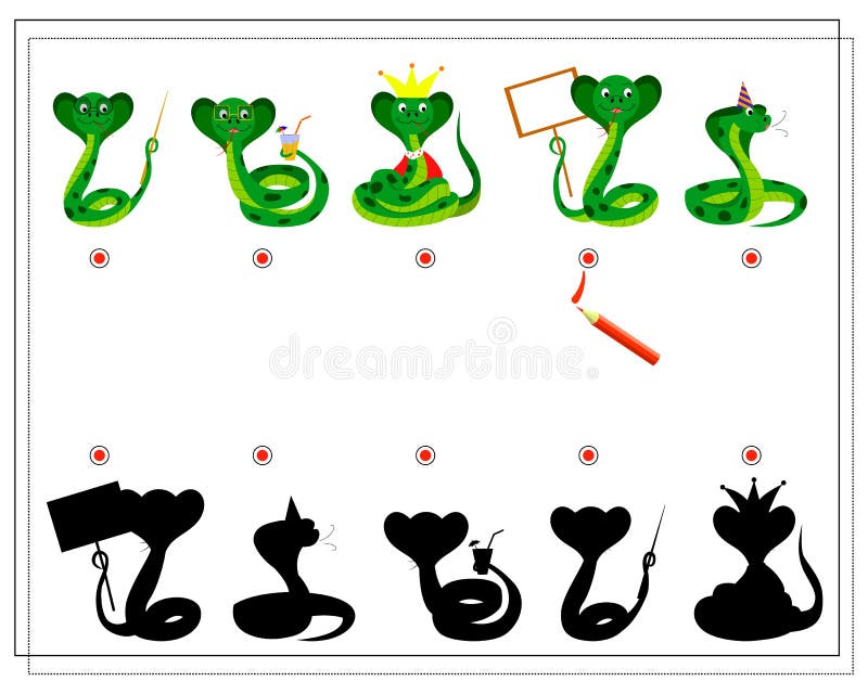 A logical game for children Find the right shadow . cute cartoon snake, vector, isolated on a white background. vector illustration
