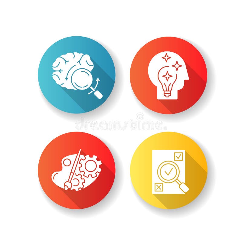 Logical mind flat design long shadow glyph icons set vector illustration