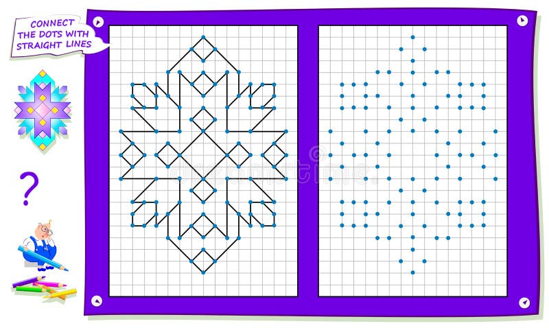 Logical puzzle game for kids on square paper. Repeat the image by example, connect the dots with straight lines.