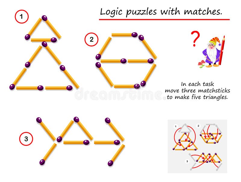 Logical puzzle game with matches. In each task need to move three matchsticks to make five triangles.