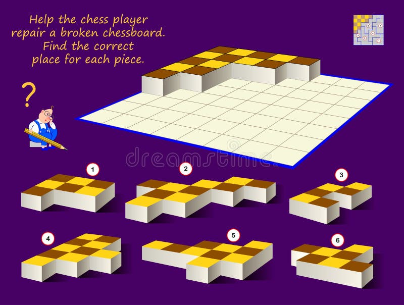 Logikpussel för barn och vuxna Hjälp till att reparera schackspelaren, brutet chessboard Hitta rätt plats för varje del stock illustrationer