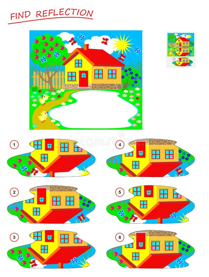 Logikpussellek f? r ungar Behöv finna korrekt reflexion i sjön och dra den Tryckbar sida f? r h? rd n? tbok stock illustrationer