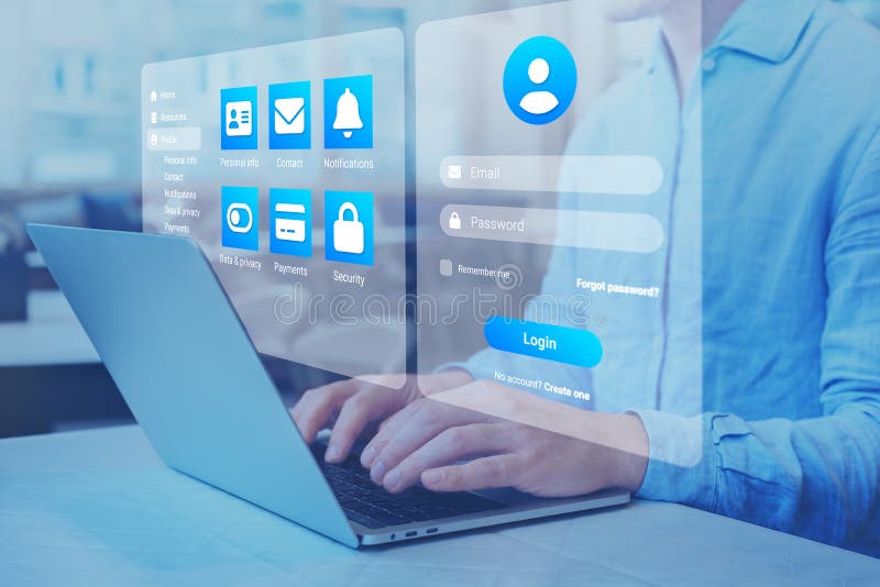 Login page with password to access online profile account. Secured connection and personal data security on internet. stock illustration