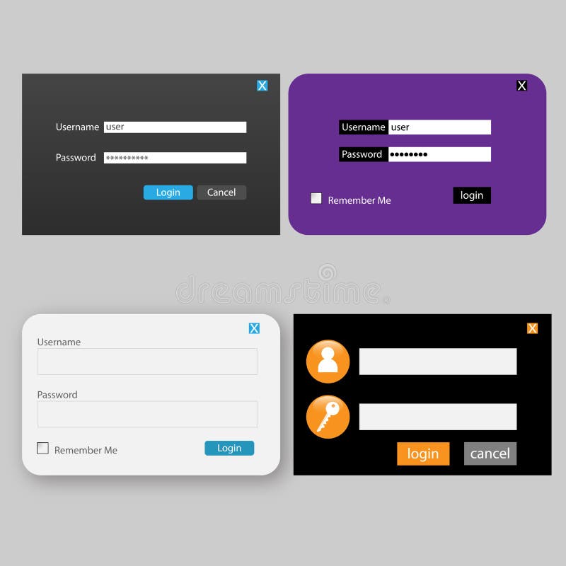 Log In form template set. Sign In with Facebook, Google, Apple. Isolated  login, sign in forms on white background. Website or App account connexion  page with email, passeword. UI vector Illustration. Stock