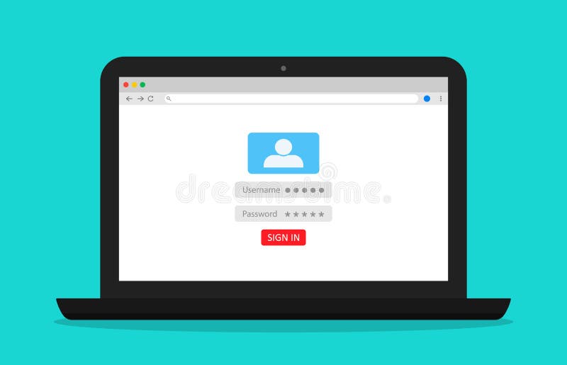 Login and password for register account in laptop screen. icon of create username and log in computer. Online registration on website for user. Form of verification for identity and security. Vector. Online account log vectors
