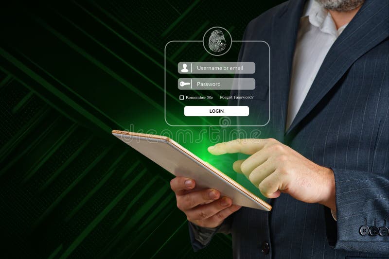 Login using digital device. Man hand using online banking E-commerce Online security payment concept. Man hand using online banking. E-commerce, Online security payment concept. Network security of internet access into router with futuristic icon.