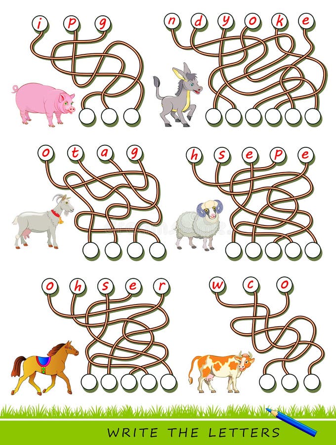 Logiskt pussel för att studera engelska med labyrint Hitta rätt platser och skriv bokstäverna Läs orden vektor illustrationer