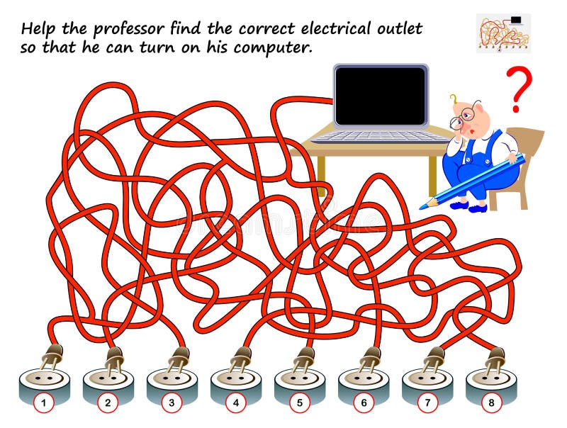 Logiskt pussel med labyrint för barn och vuxna Hjälp professorn att hitta rätt strömuttag stock illustrationer