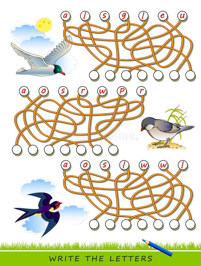 Logiskt pussel-spel för att studera engelska med hög hastighet Hitta rätt platser och skriv bokstäverna Läs orden Läs namnen på f stock illustrationer