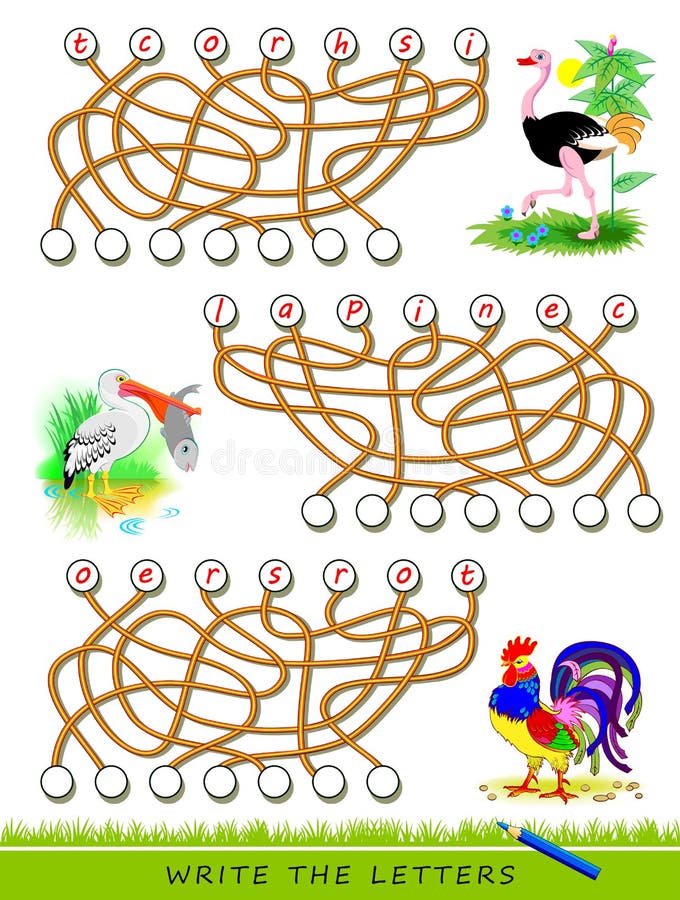 Logiskt pussel-spel för studier på engelska med maze Sök rätt platser och skriv bokstäverna Läs orden Lär fåglarnas namn stock illustrationer