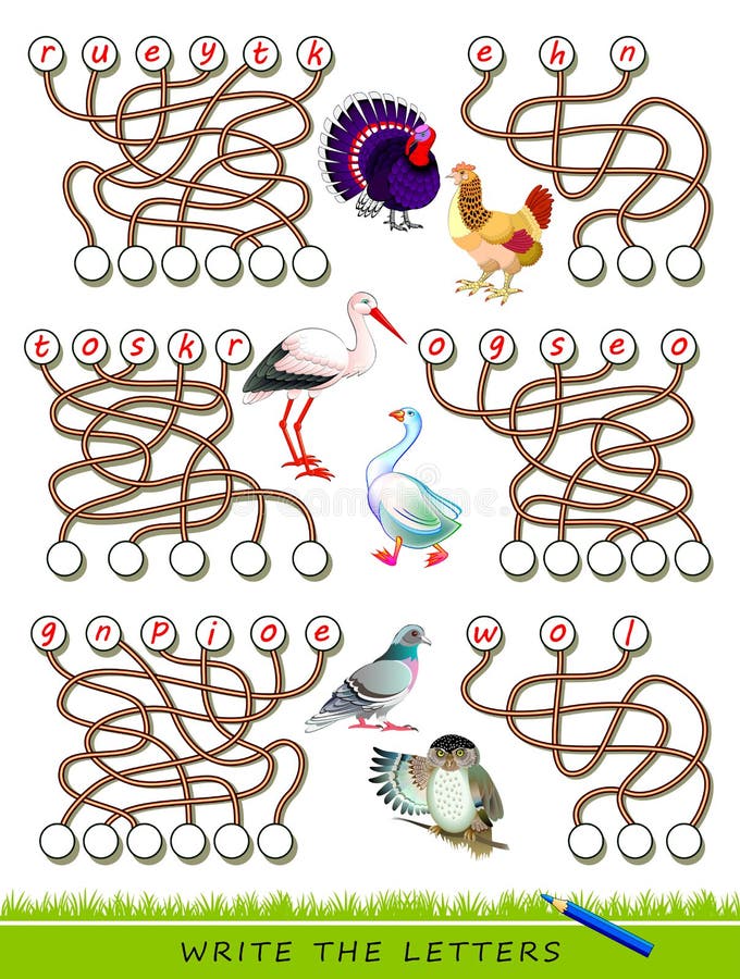 Logiskt pussel-spel för studier på engelska med maze Sök rätt platser och skriv bokstäverna Läs orden Lär fåglarnas namn royaltyfri illustrationer