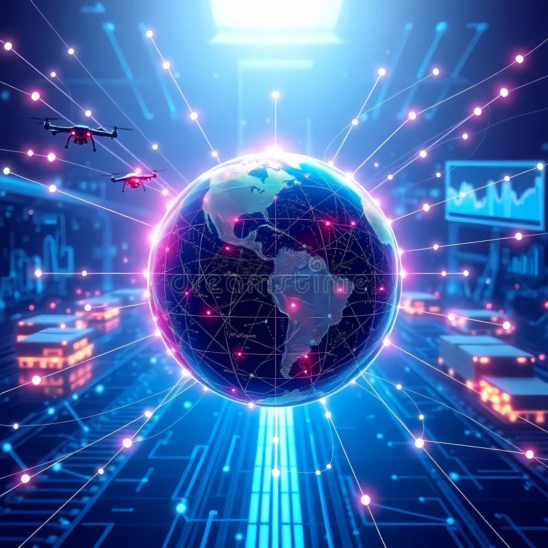 A logistic network in futuristik, with a globe surrounded by lines and codes, drones, automated warhouses, analytics charts royalty free stock photography