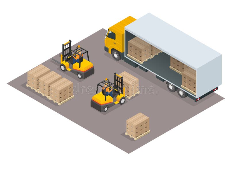 Logistics concept. Loading cargo in the truck. Delivery service vector isometric illustration. stock illustration