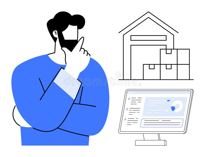 Logistics and Inventory Management Concept with Warehouse, Boxes, and Computer Screen Interface stock illustration