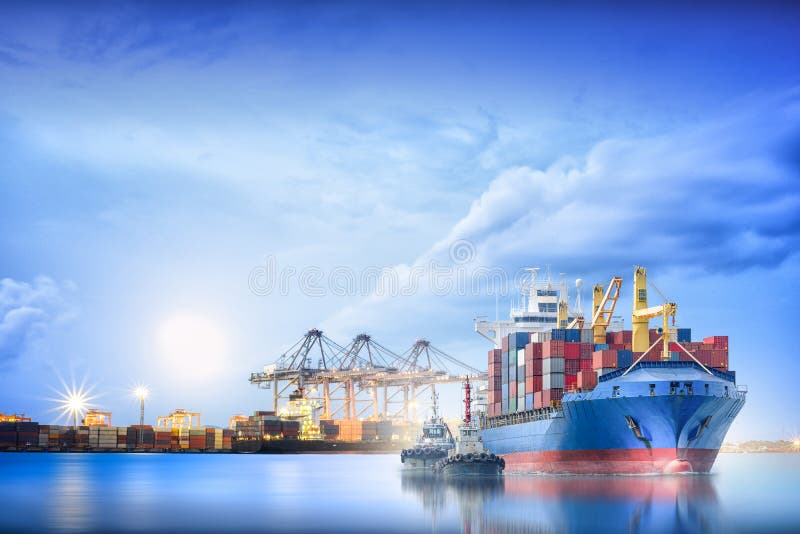 Logistics and transportation of International Container Cargo ship with ports crane. Bridge in harbor for logistics import export background and transportation