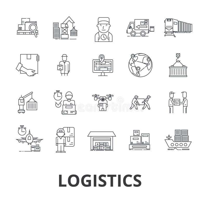 Logistics, transportation, warehouse, supply chain, truck, distribution, ship line icons. Editable strokes. Flat design