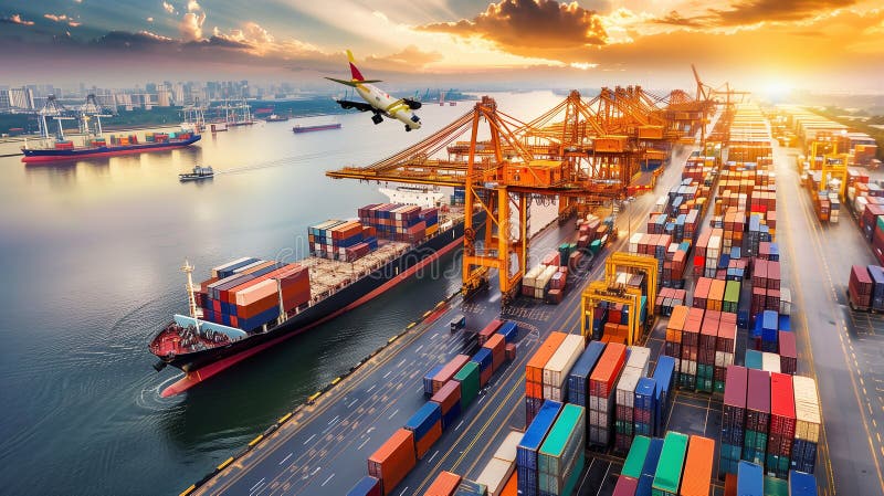 Logistikcontainer Frachtschiff Transport mit funktionierender Kranbrücke im Tiefseehafen für Import Export