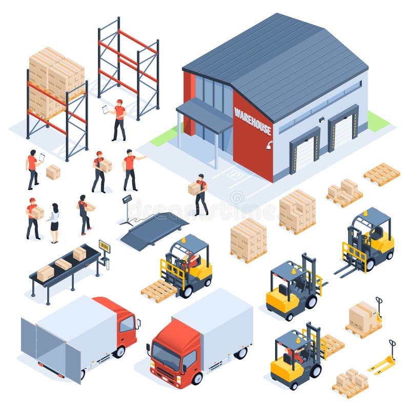 Logistiskt isometriskt lager Bransch för lasttransport, grossistfördelningslogistik och utdelade paletter 3d royaltyfri illustrationer
