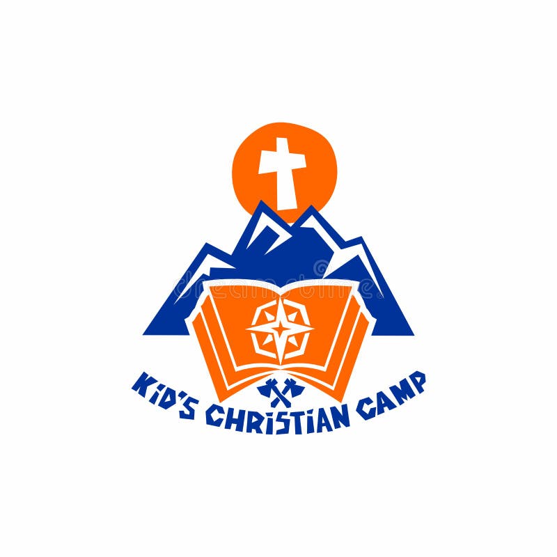Logo av det kristna lägret för unge` s Berg och kors, bibel och kompass stock illustrationer Logo av det kristna lägret för unge` s Berg och kors, bibel och kompass stock illustrationer