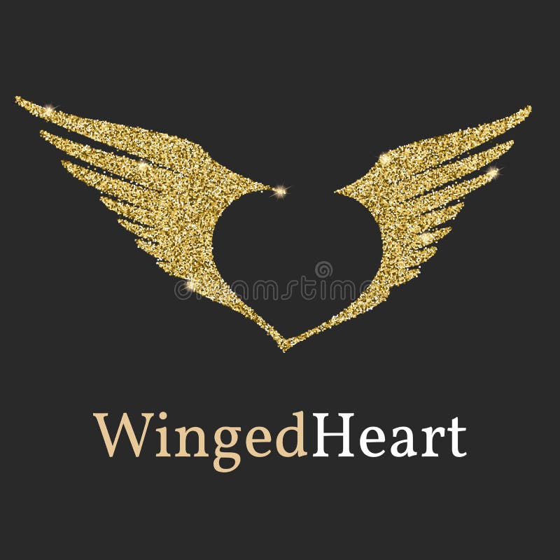 Logo avec un scintillement d'or, éclat Symbole avec des ailes et un coeur dans le négatif illustration stock Logo avec un scintillement d'or, éclat Symbole avec des ailes et un coeur dans le négatif illustration stock