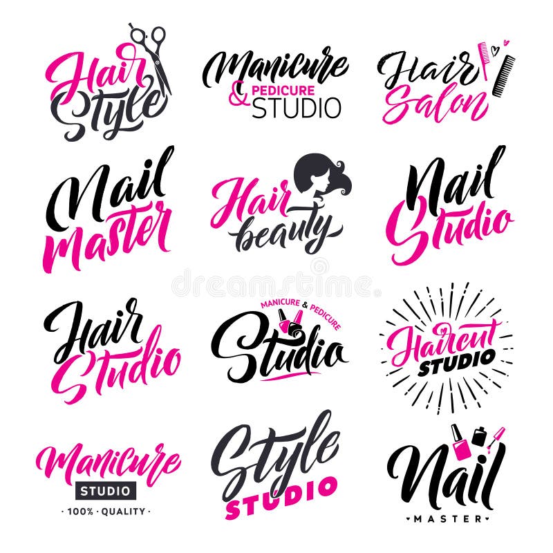 Logo Beauty Salon Lettering Set. Hair Studio and Nail Master. Custom handmade calligraphy, vector. Logo Beauty Salon Lettering Set. Hair Studio and Nail Master. Custom handmade calligraphy, vector