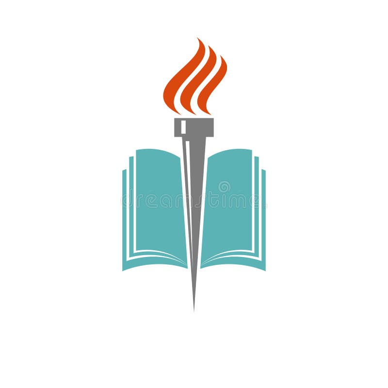 Book and torch, education or library logo, university icon vector illustration