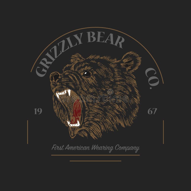 Logo d'ours gris Copie grunge de label Hurlement fâché d'un prédateur Insigne ou vieux monochrome tiré par la main gravé par embl illustration stock