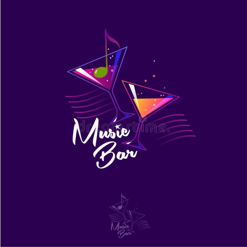 Logo de barre de musique Verres avec des cocktails Olive comme note sur un fond foncé illustration de vecteur Logo de barre de musique Verres avec des cocktails Olive comme note sur un fond foncé illustration de vecteur