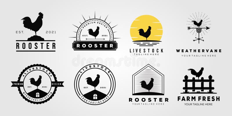Set rooster chicken livestock logo. weather vane, chick, farm logo vector illustration design and icon. Set rooster chicken livestock logo. weather vane, chick, farm logo vector illustration design and icon