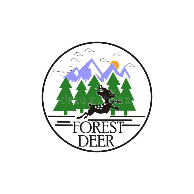 Logo de la forêt de cerfs avec fond de montagne et de lever de soleil. illustration stock