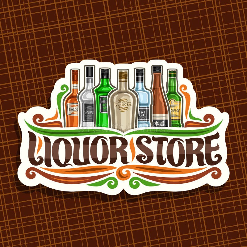 Vector logo for Liquor Store, white decorative sign board for department in hypermarket with 7 variety bottles of hard alcohol or distilled drinks, original brush lettering for words liquor store. Vector logo for Liquor Store, white decorative sign board for department in hypermarket with 7 variety bottles of hard alcohol or distilled drinks, original brush lettering for words liquor store