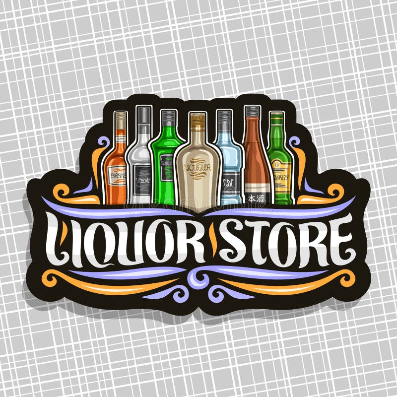 Vector logo for Liquor Store, black decorative sign board for department in hypermarket with 7 variety bottles of hard alcohol or distilled drinks, original brush lettering for words liquor store. Vector logo for Liquor Store, black decorative sign board for department in hypermarket with 7 variety bottles of hard alcohol or distilled drinks, original brush lettering for words liquor store