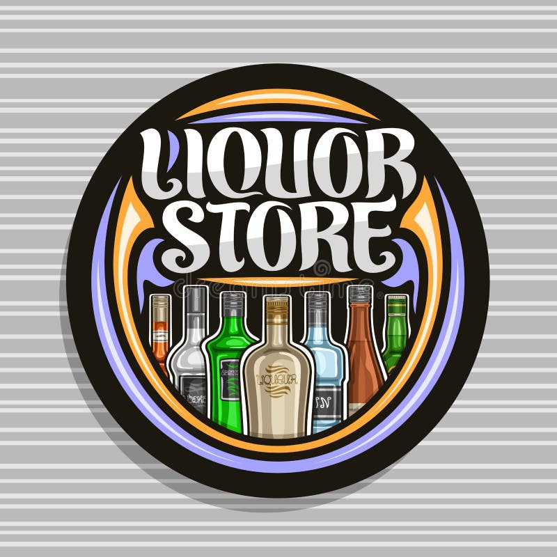 Vector logo for Liquor Store, black round sign board for department in hypermarket with 7 variety cartoon bottles of hard alcohol or distilled drinks, original brush lettering for words liquor store. Vector logo for Liquor Store, black round sign board for department in hypermarket with 7 variety cartoon bottles of hard alcohol or distilled drinks, original brush lettering for words liquor store