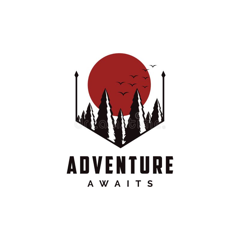 Logo del badge di viaggio per avventura all'aperto con illustrazioni vettoriali di sole, uccelli e pini