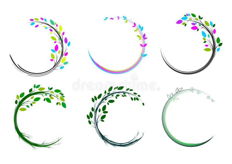 Logo del cerchio della foglia, stazione termale, massaggio, erba, icona, pianta, istruzione, yoga, salute e progettazione di mass