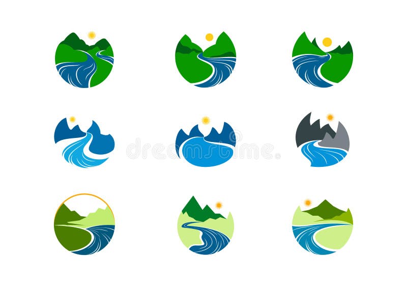 Logo del fiume, progettazione di simbolo della montagna della natura illustrazione vettoriale Logo del fiume, progettazione di simbolo della montagna della natura illustrazione vettoriale