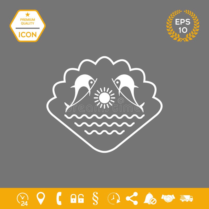 Logo - delfiny z słońcem i morzem - na tle seashell ilustracja wektor Logo - delfiny z słońcem i morzem - na tle seashell ilustracja wektor