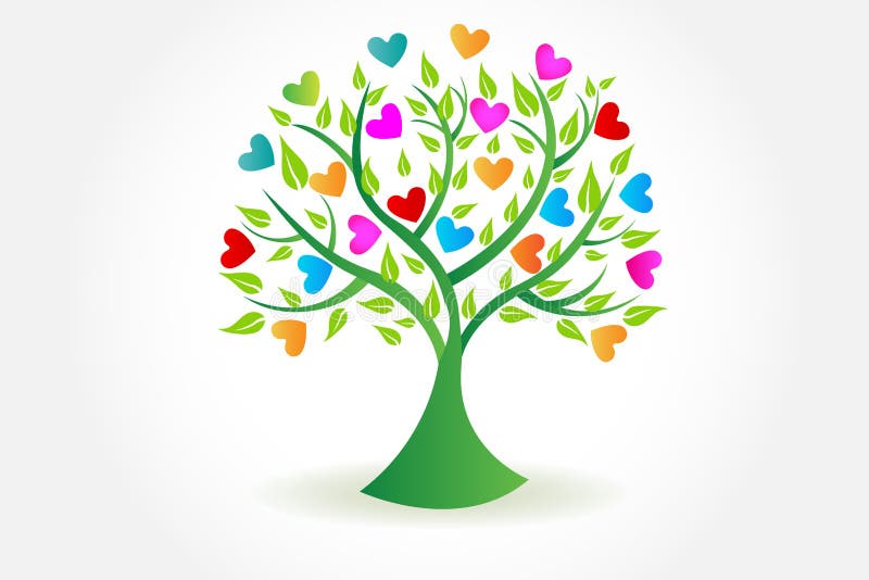 Logo tree ecology leaf plant and colored love hearts figures vector web image design template. Logo tree ecology leaf plant and colored love hearts figures vector web image design template