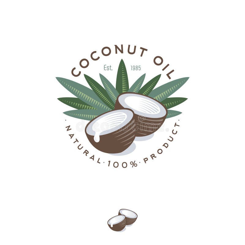 Logo dell'olio di cocco Emblema dell'olio di cocco del prodotto della natura Cochi maturi e mezze noce di cocco e foglie con le l royalty illustrazione gratis Logo dell'olio di cocco Emblema dell'olio di cocco del prodotto della natura Cochi maturi e mezze noce di cocco e foglie con le l royalty illustrazione gratis
