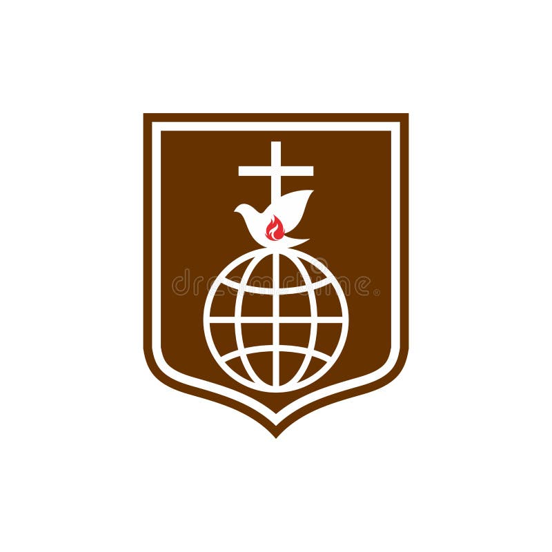 Logo della chiesa L'incrocio di Gesù, del globo e della fiamma è un simbolo dello Spirito Santo Schermo di fede royalty illustrazione gratis Logo della chiesa L'incrocio di Gesù, del globo e della fiamma è un simbolo dello Spirito Santo Schermo di fede royalty illustrazione gratis