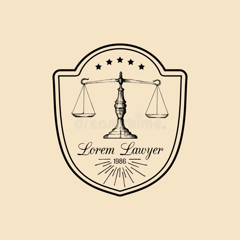 Logo dello studio legale con l'illustrazione della bilancia della giustizia Vector l'avvocato d'annata, l'etichetta dell'avvocato