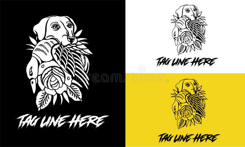 Logo design of dog eating duck black and white vector illustration stock illustration